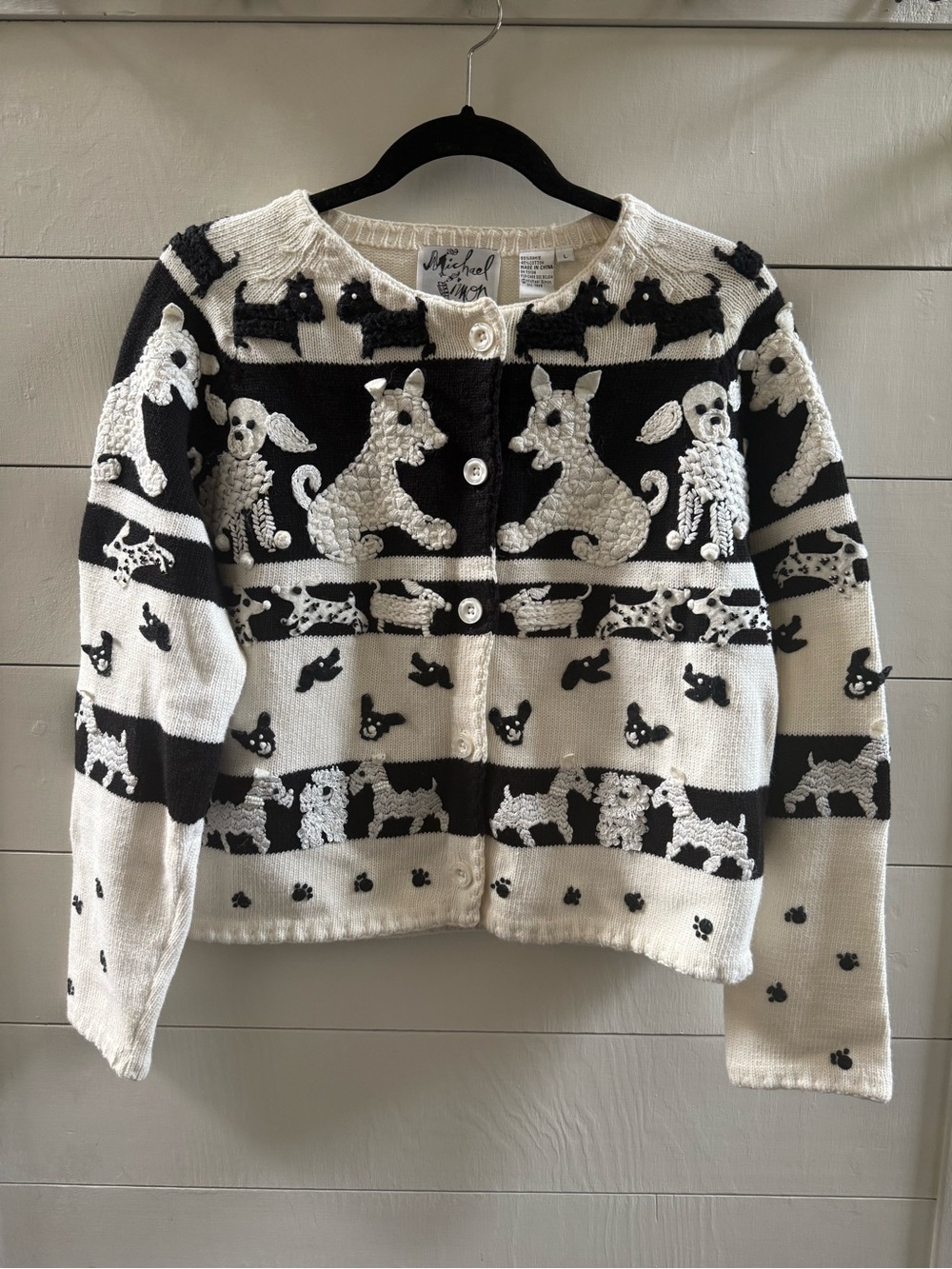 Vintage Michael Simon Embroidered Knit Felt Dog Theme Cardigan Large White Black